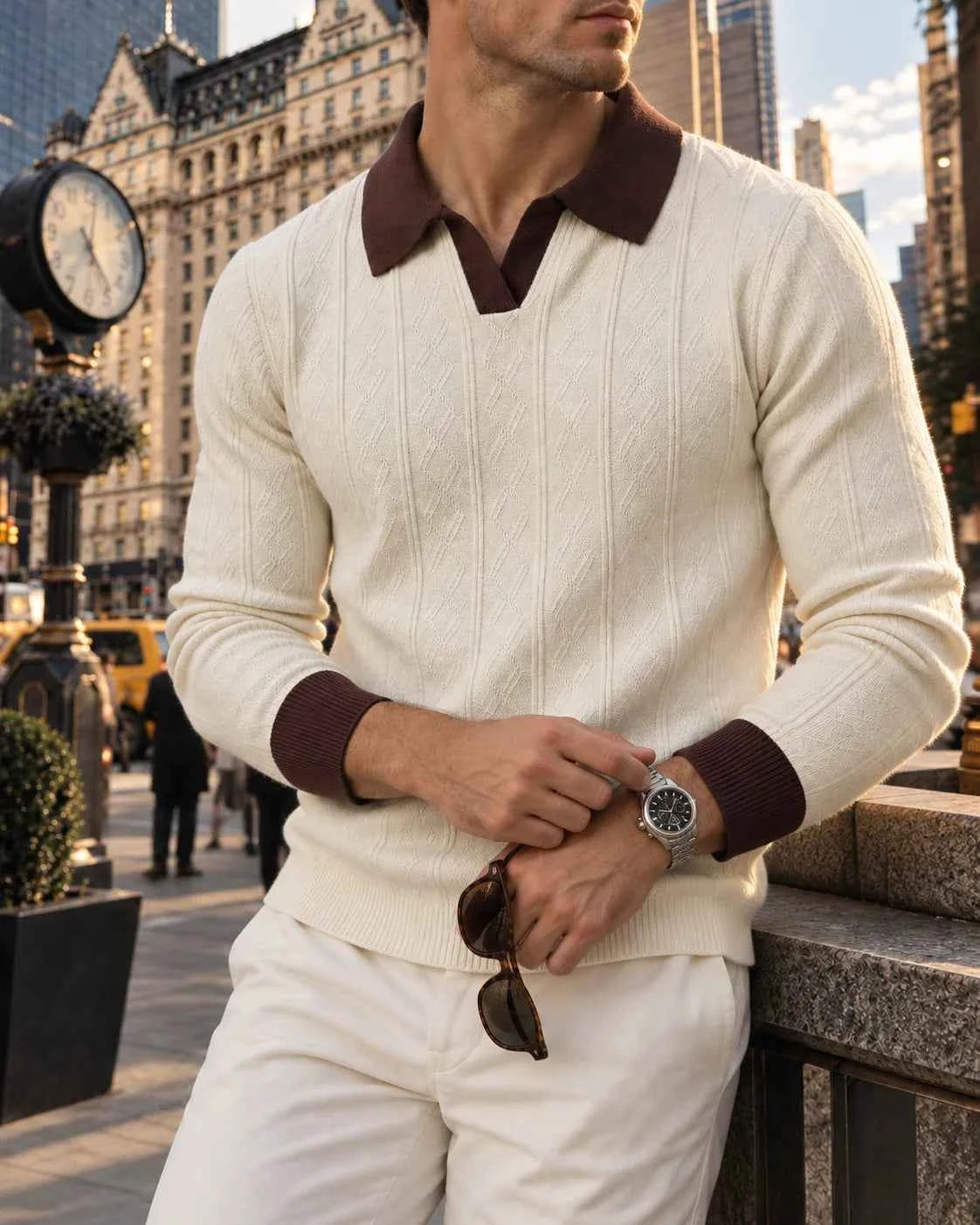 Men's Soft Lapel Sweater - Elastic Knitted V-neck Pullover,