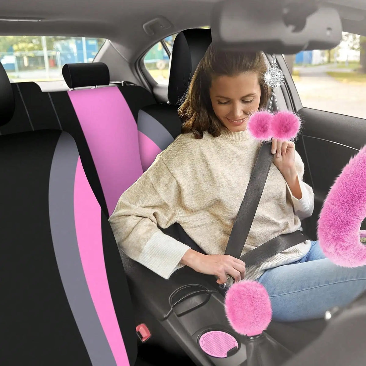 35-Piece Women Fluffy Car Seat Cover Set, Luxury Polyester Fiber Car Interior Combo, Soft Steering Wheel Cover, Cup Holder Coasters, Safety Belt Shoulder Pads & Gear Shift Cover, Universal Fit, Easy to Install