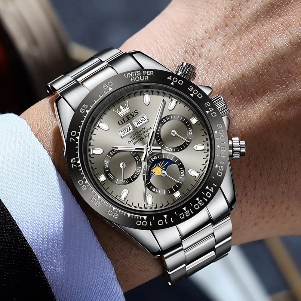 OLEVS 6654 Luxury Mens Watch Chronograph Automatic Mechanical Wristwatch Waterproof
