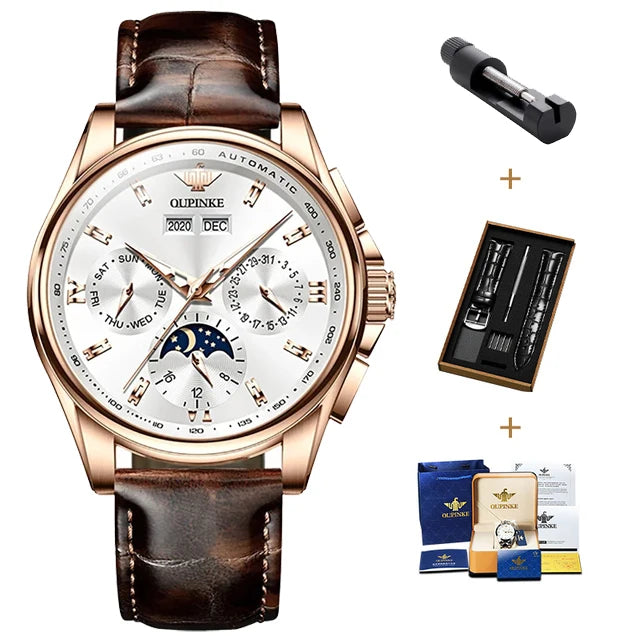 OUPINKE 3189 Automatic Watch for Men Genuine Leather Strap Waterproof Moon Phase Man Watches