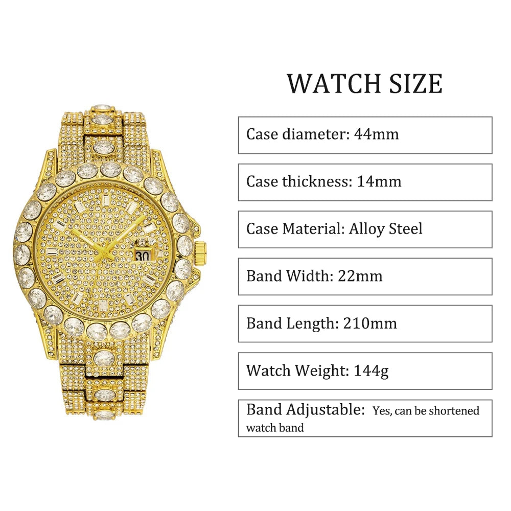 MISSFOX Luxury Watches For Mens Hip Hop Iced Out Bling Quartz Clocks Fashion Full Diamond Jewelry Wristwatch