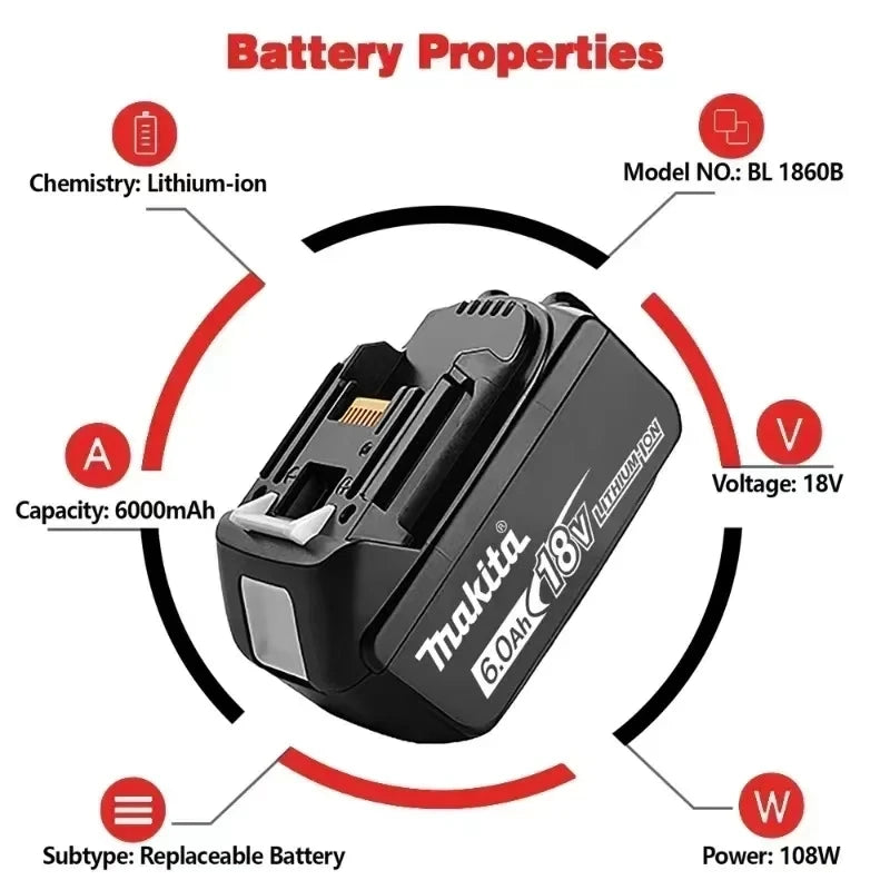 6Ah 100% Original Makita 18V Battery BL1860B Rechargeable Lithium-Ion Battery for Makita 18V Power Tools Replace the Battery.