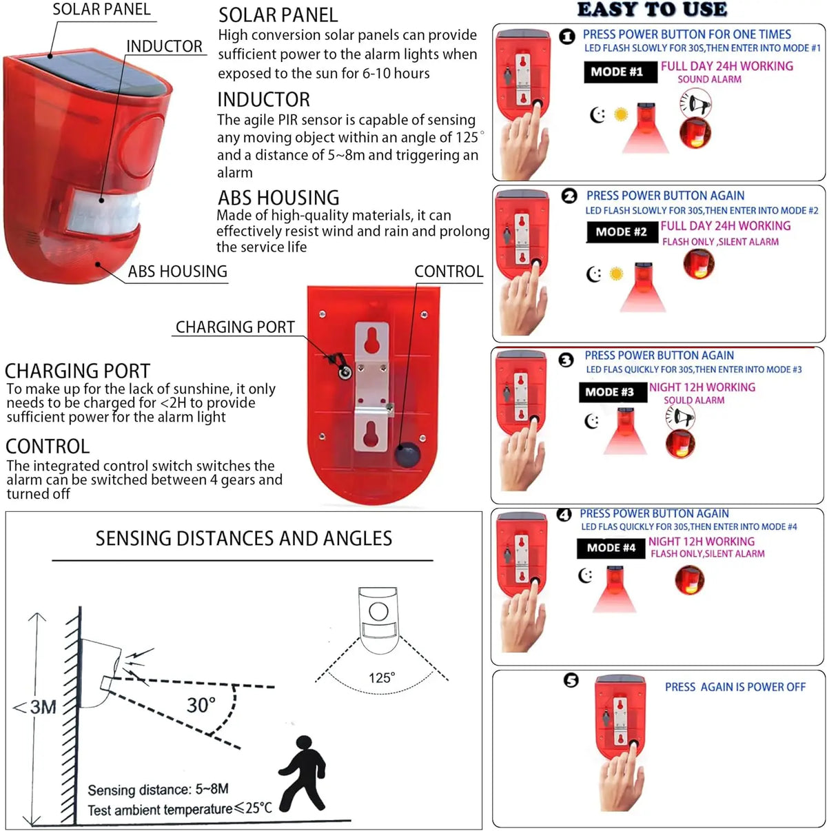 (1pc) 129dB Solar Powered Sound Alarm Motion Sensor with 6 LED Flash Modes,