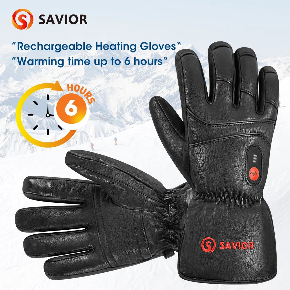 Savior Heat Winter Outdoor Sports Genuine Leather Sheepskin Electric Heating Gloves