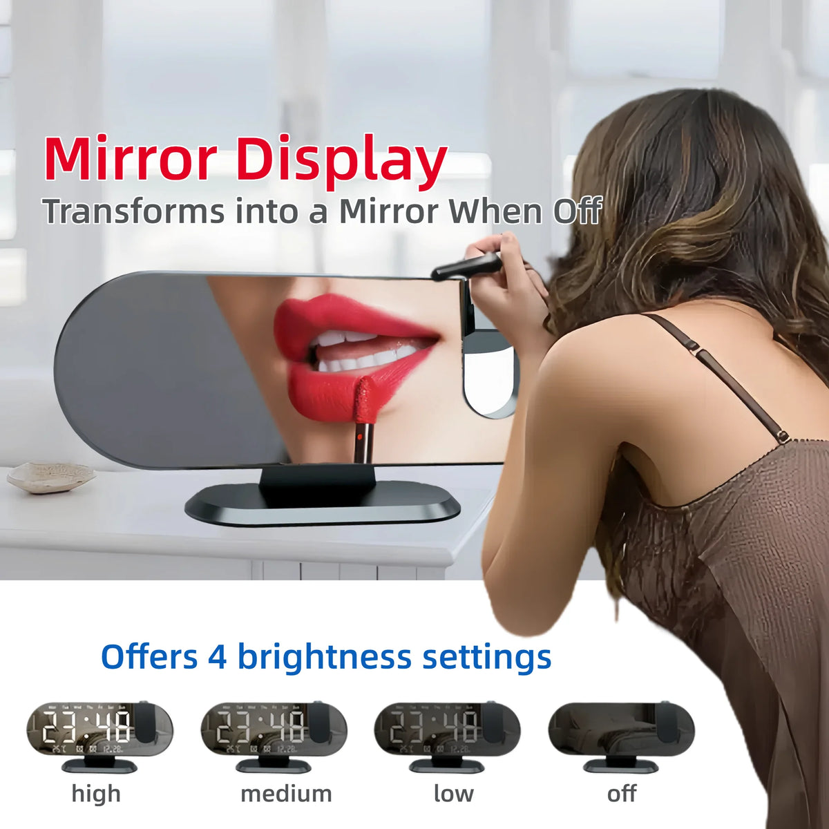 Projection Alarm Clock 8.8 Inch LED Mirror Display 180 Degree Rotation Dual Alarm Snooze Temperature USB Charging Bedside White Black