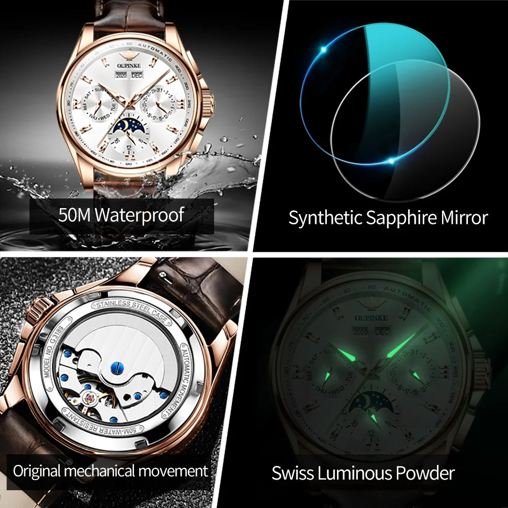 OUPINKE 3189 Automatic Watch for Men Genuine Leather Strap Waterproof Moon Phase Man Watches