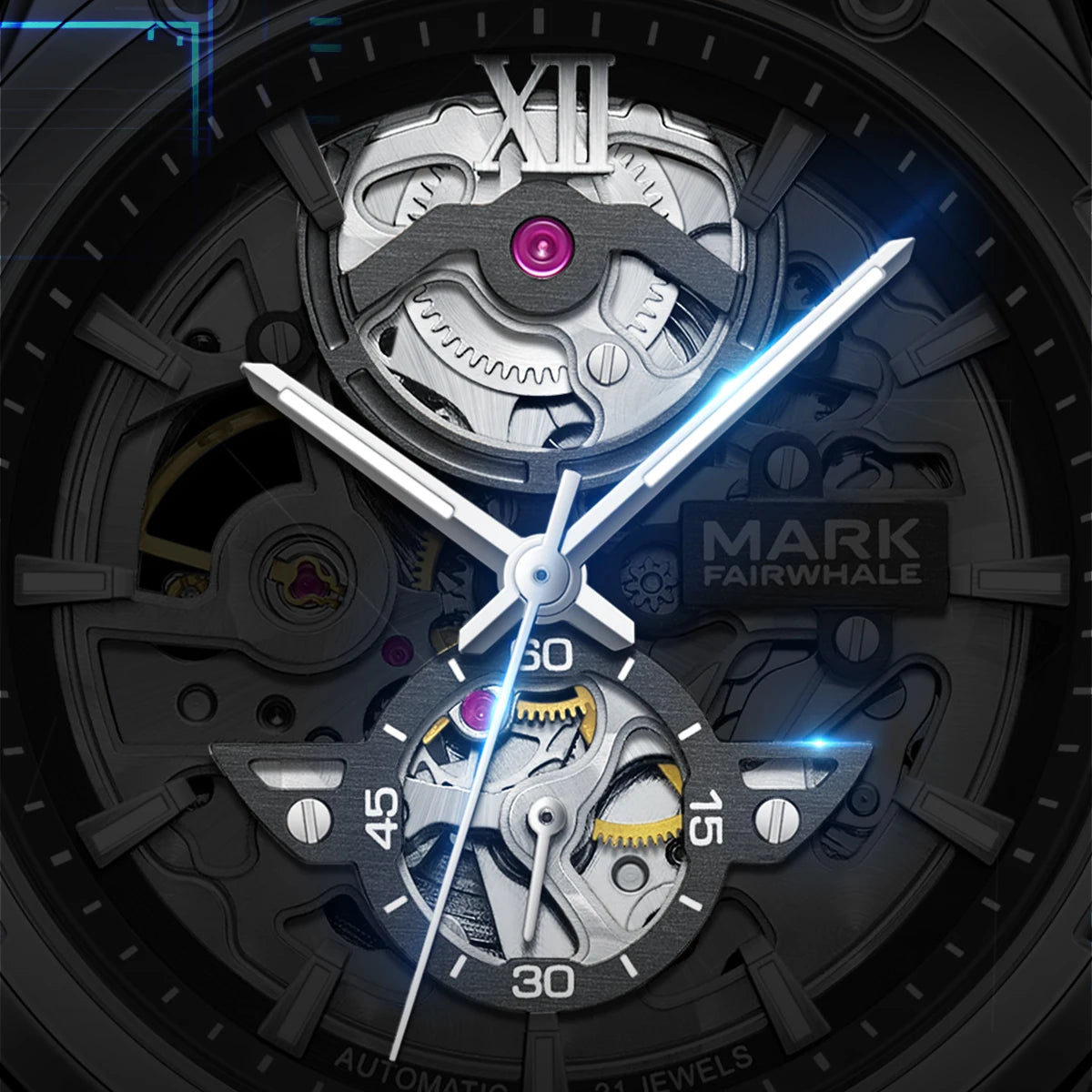 Mark Fairwhale Fashion Skeleton Dial Automatic Movement Stainless Steel Band Luminous Men's Watch