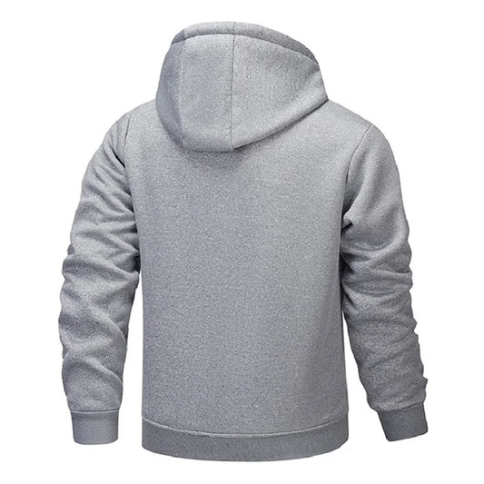 New Men's Solid Color Fleece-Lined and Thickened Winter Hooded Drawstring Sweatshirt Cardigan,