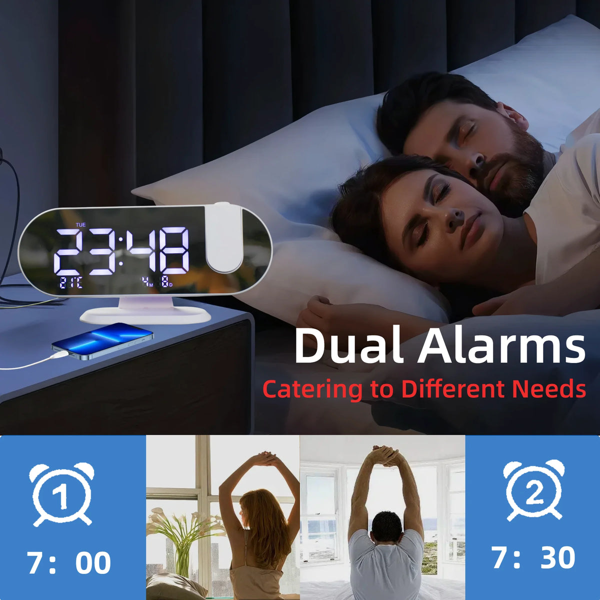 Projection Alarm Clock 8.8 Inch LED Mirror Display 180 Degree Rotation Dual Alarm Snooze Temperature USB Charging Bedside White Black