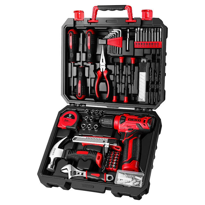 DEKO Drill Set Tool Set with 8V Red Cordless Drill, Home Tool Kit with Drill,