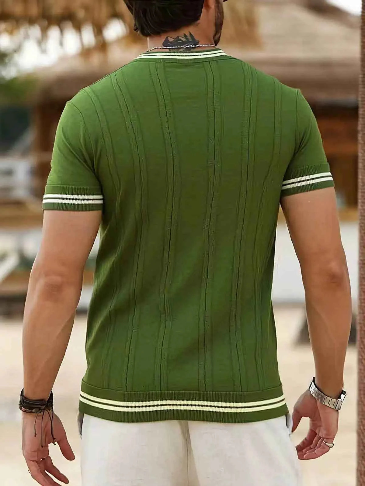 Men's casual lapel knitted POLO shirt short sleeve regular fit green cuff hem