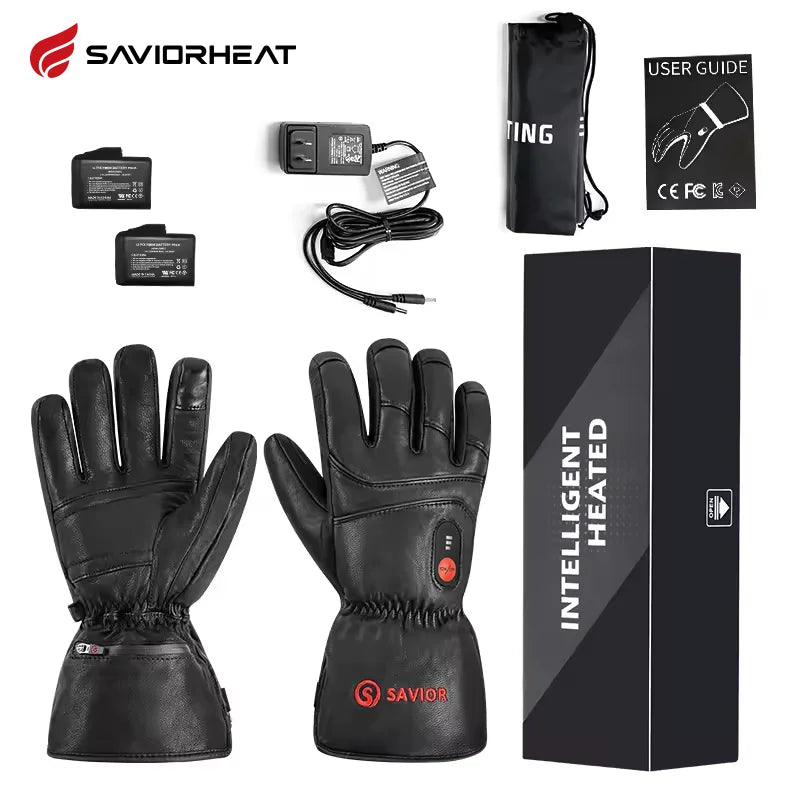 Savior Heat Winter Outdoor Sports Genuine Leather Sheepskin Electric Heating Gloves