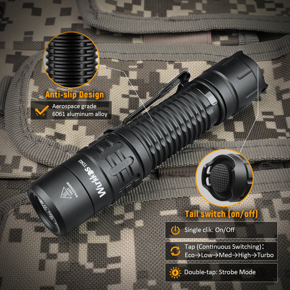 Wurkkos TD02 Compact IPX8 Waterproof Tactical Flashlight 2000LM Rechargable Torch with 6 Modes High-quality LED