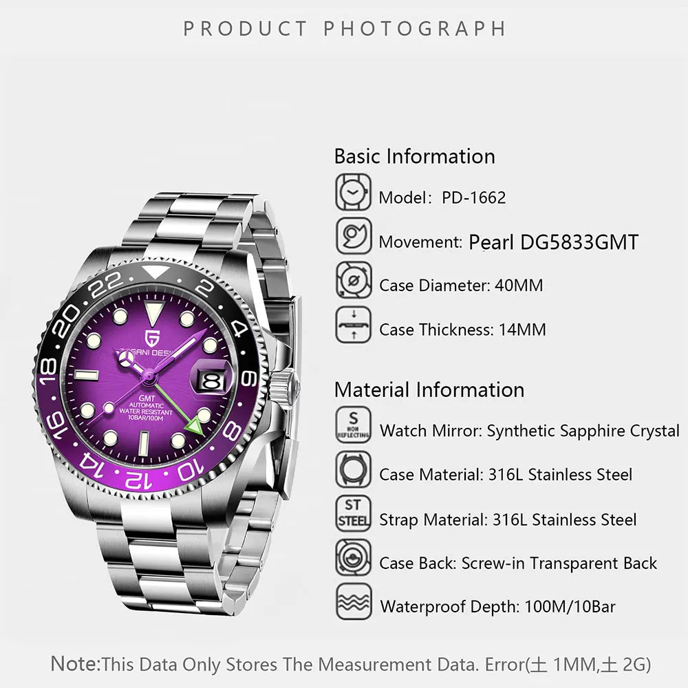 PAGANI DESIGN New GMT Men Watch Top Brand 40mm Mechanical Watch Sapphire Glass 100M Waterproof Automatic Wristwatch