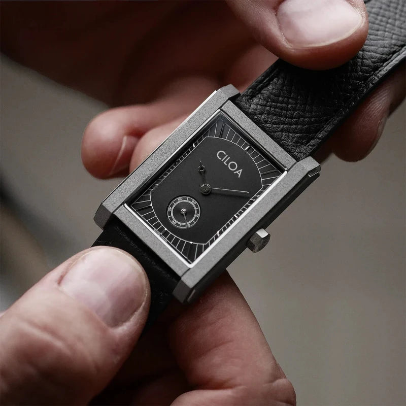English: Minimalist Industrial Rectangular Square Watch, Retro Small Second Dial, Black Grain Leather Strap Niche Luxury Men Quartz Wristwatch