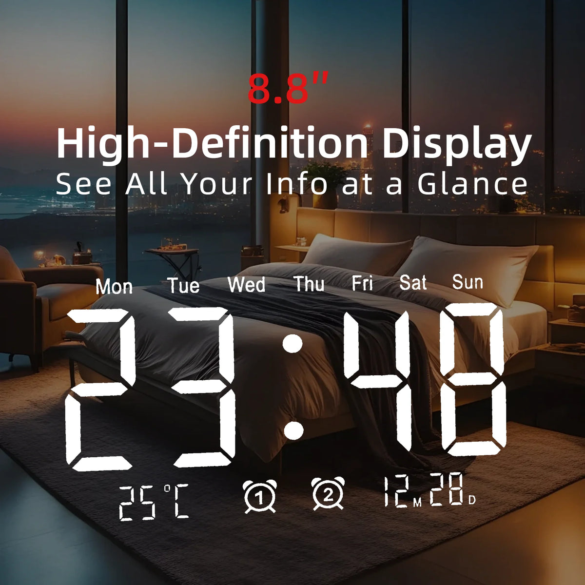 Projection Alarm Clock 8.8 Inch LED Mirror Display 180 Degree Rotation Dual Alarm Snooze Temperature USB Charging Bedside White Black