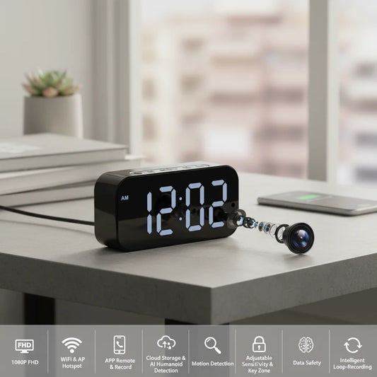 1080P HD WiFi Alarm Clock Security Camera Wireless Indoor Surveillance Monitor with Motion Detection, Remote View, Micro SD Card