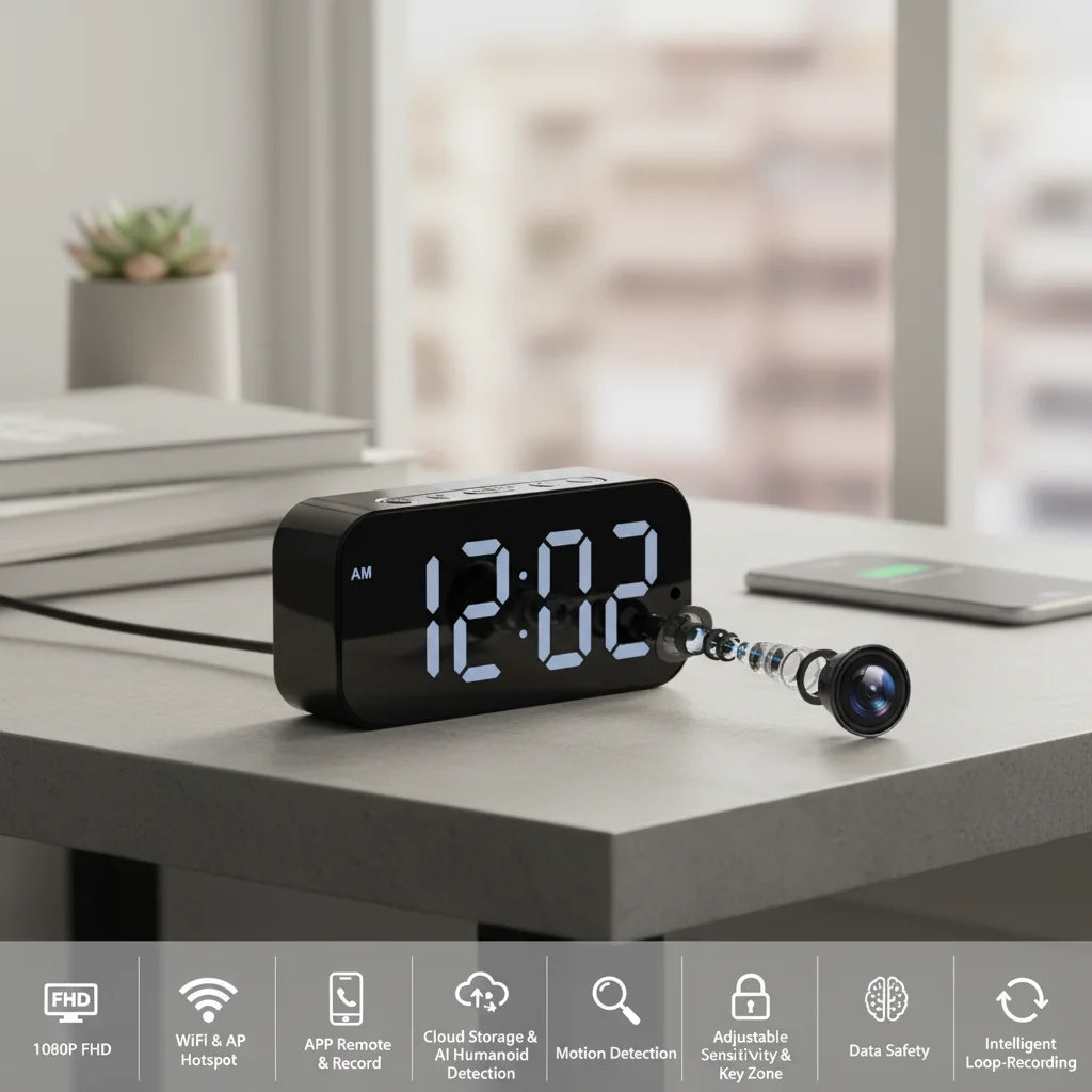 1080P HD WiFi Alarm Clock Security Camera Wireless Indoor Surveillance Monitor with Motion Detection, Remote View, Micro SD Card