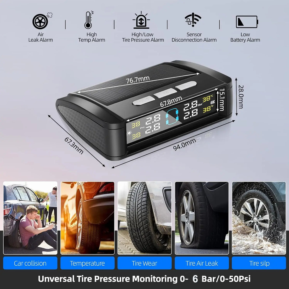 Tire Pressure Monitoring System, Universal Wireless TPMS with Solar And USB Charging,