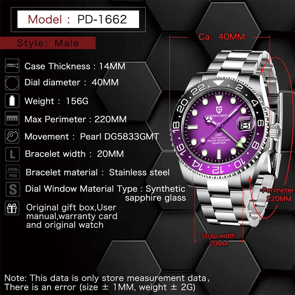 PAGANI DESIGN 2026 GMT Watches Dark Dial Men Luxury Sapphire Luminous Automatic Mechanical Watch