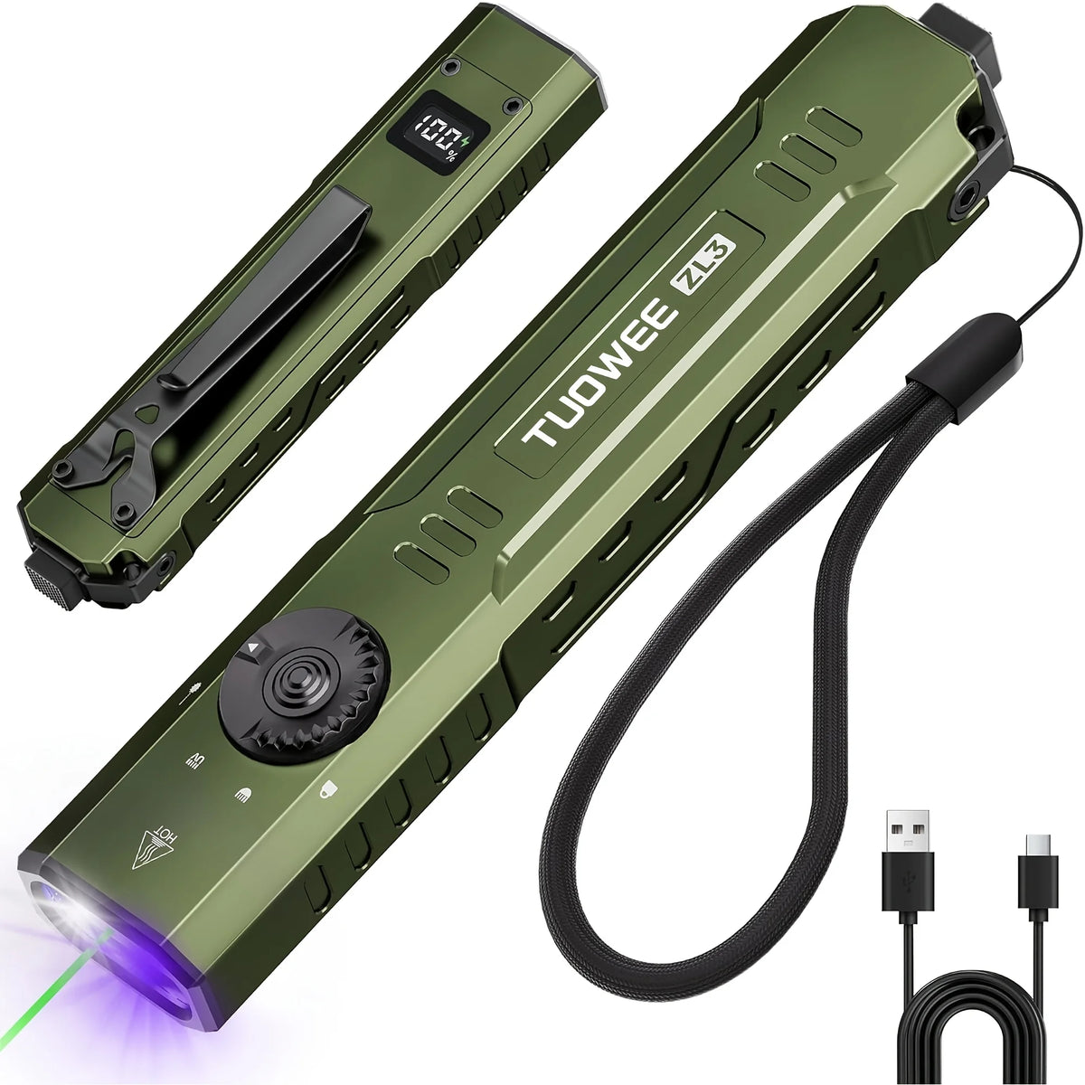 1500 LM Slim Tactical Flashlight with Green Laser Beam, 3 Light Sources EDC Multi-Functional Rechargeable Torch, High Bright White Light & 365 UV Black Light,