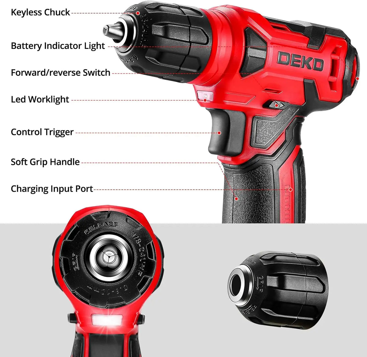 DEKO Drill Set Tool Set with 8V Red Cordless Drill, Home Tool Kit with Drill,