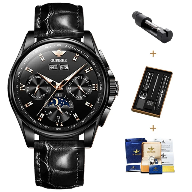 OUPINKE 3189 Automatic Watch for Men Genuine Leather Strap Waterproof Moon Phase Man Watches