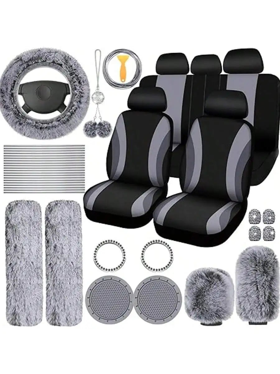 35-Piece Women Fluffy Car Seat Cover Set, Luxury Polyester Fiber Car Interior Combo, Soft Steering Wheel Cover, Cup Holder Coasters, Safety Belt Shoulder Pads & Gear Shift Cover, Universal Fit, Easy to Install
