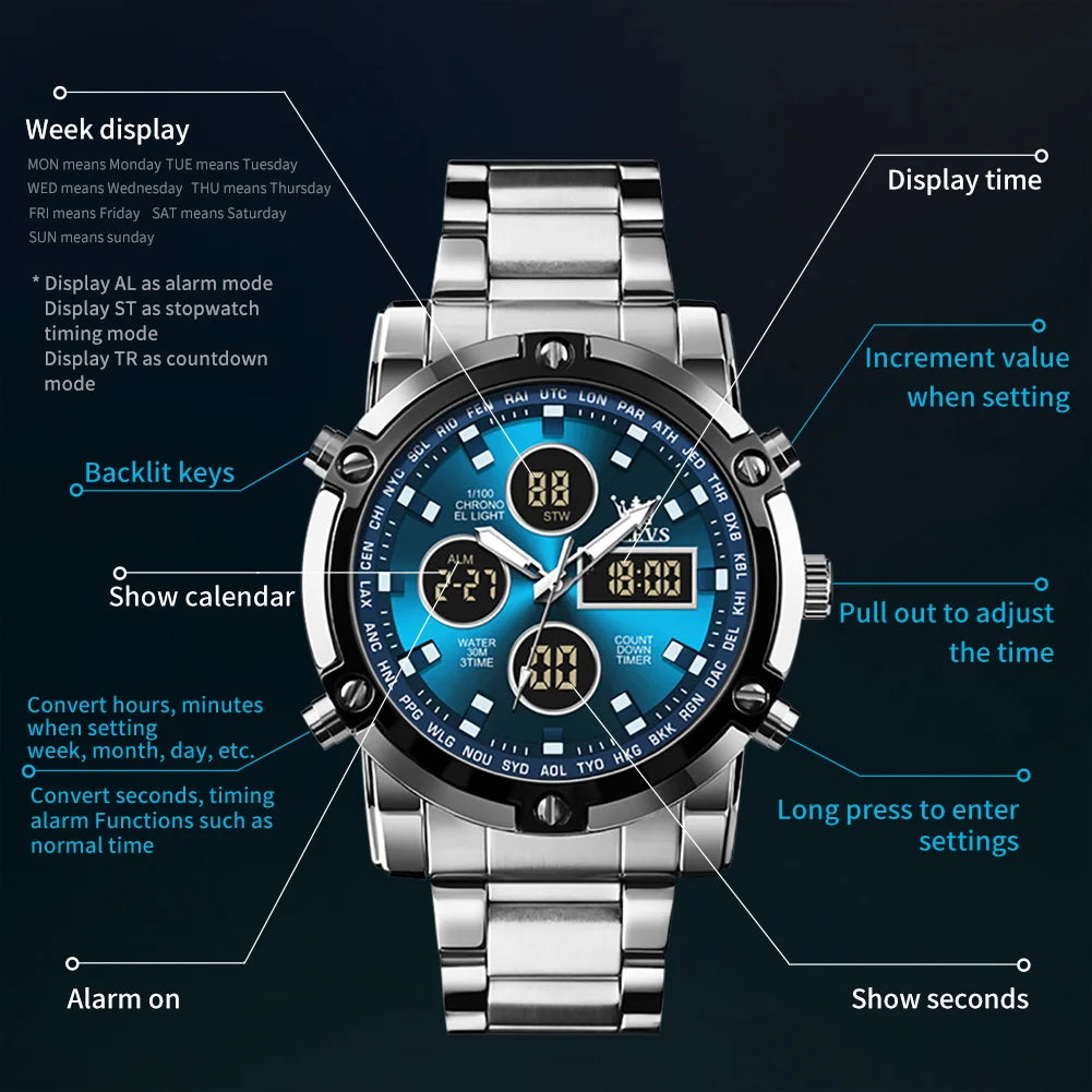 OLEVS Men's Watches Original Multifunctional Wlectronic Watch for Man Waterproof Luminous Alarm Clock