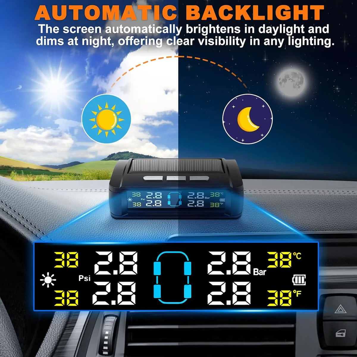 Tire Pressure Monitoring System, Universal Wireless TPMS with Solar And USB Charging,
