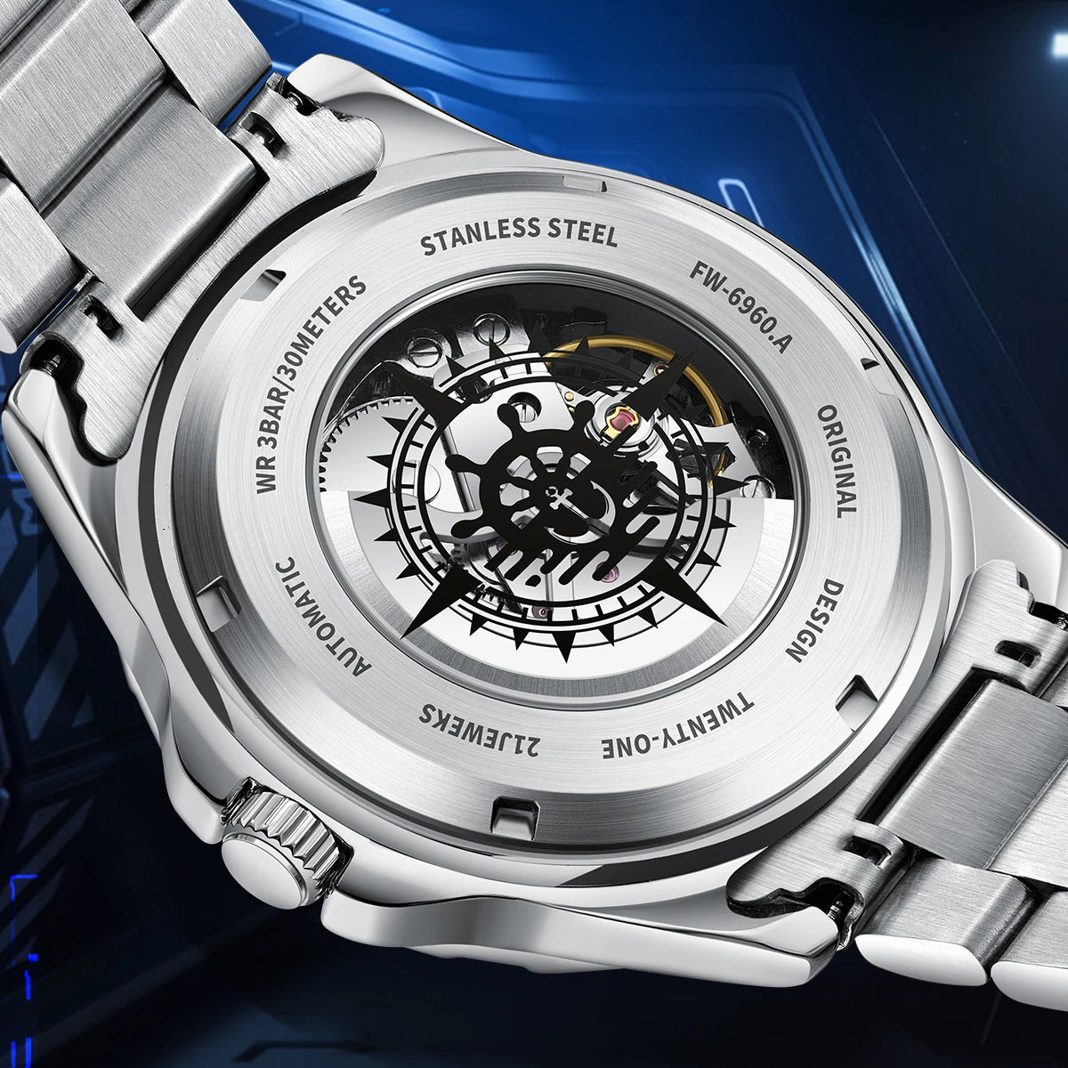 Mark Fairwhale Fashion Skeleton Dial Automatic Movement Stainless Steel Band Luminous Men's Watch