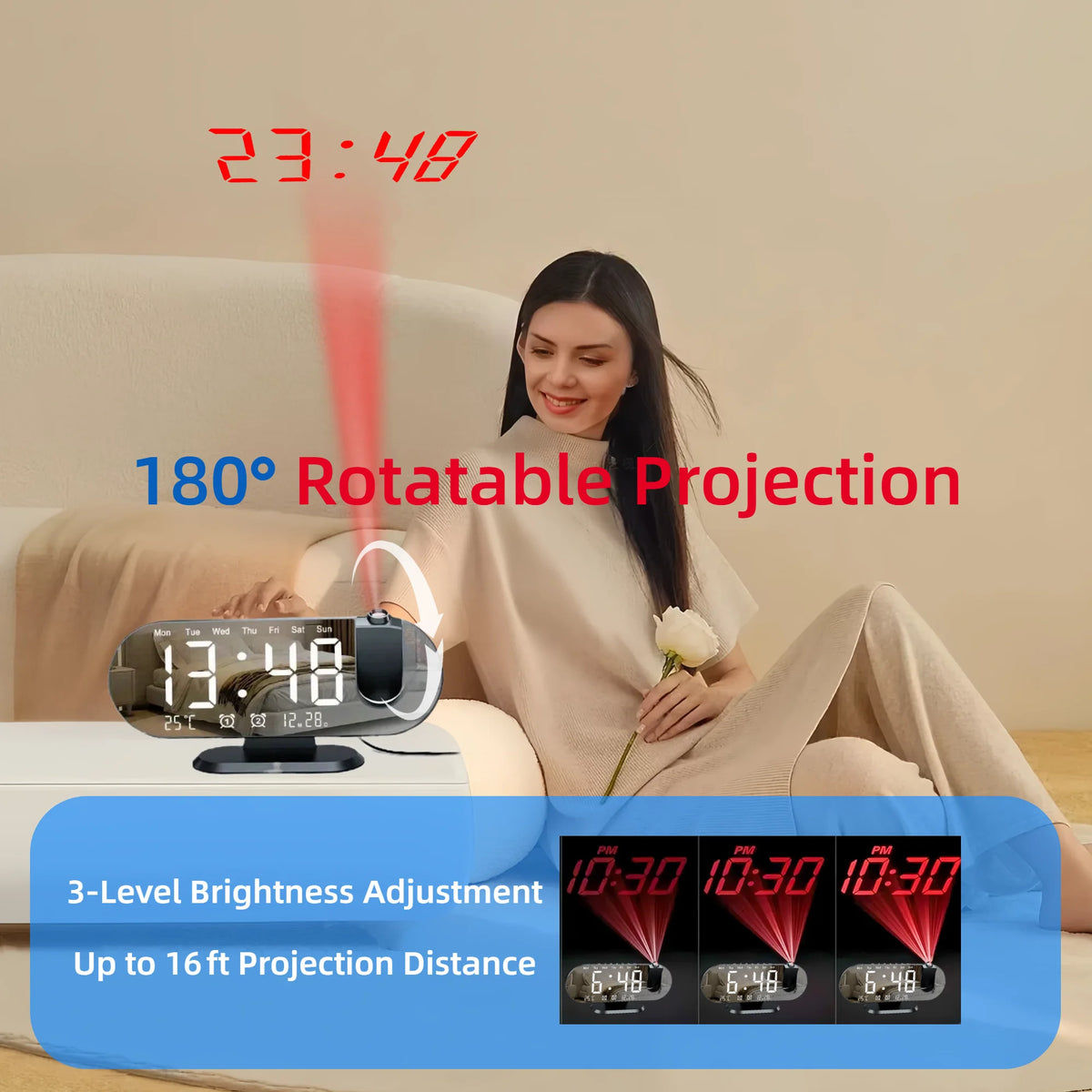 Projection Alarm Clock 8.8 Inch LED Mirror Display 180 Degree Rotation Dual Alarm Snooze Temperature USB Charging Bedside White Black