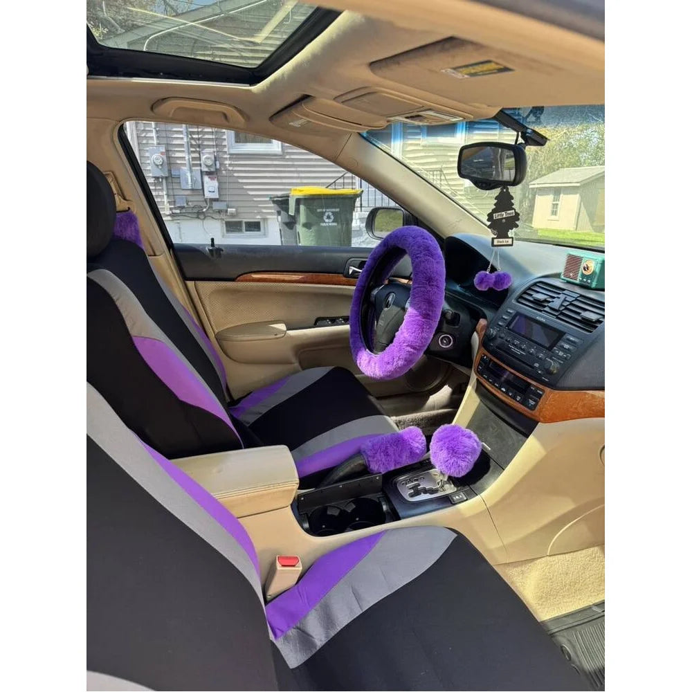 35-Piece Women Fluffy Car Seat Cover Set, Luxury Polyester Fiber Car Interior Combo, Soft Steering Wheel Cover, Cup Holder Coasters, Safety Belt Shoulder Pads & Gear Shift Cover, Universal Fit, Easy to Install