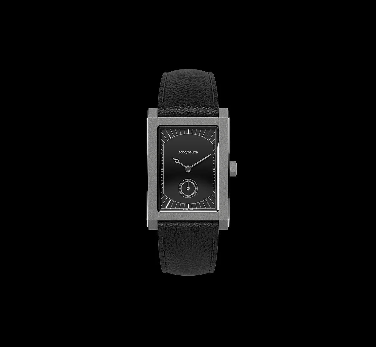 English: Minimalist Industrial Rectangular Square Watch, Retro Small Second Dial, Black Grain Leather Strap Niche Luxury Men Quartz Wristwatch