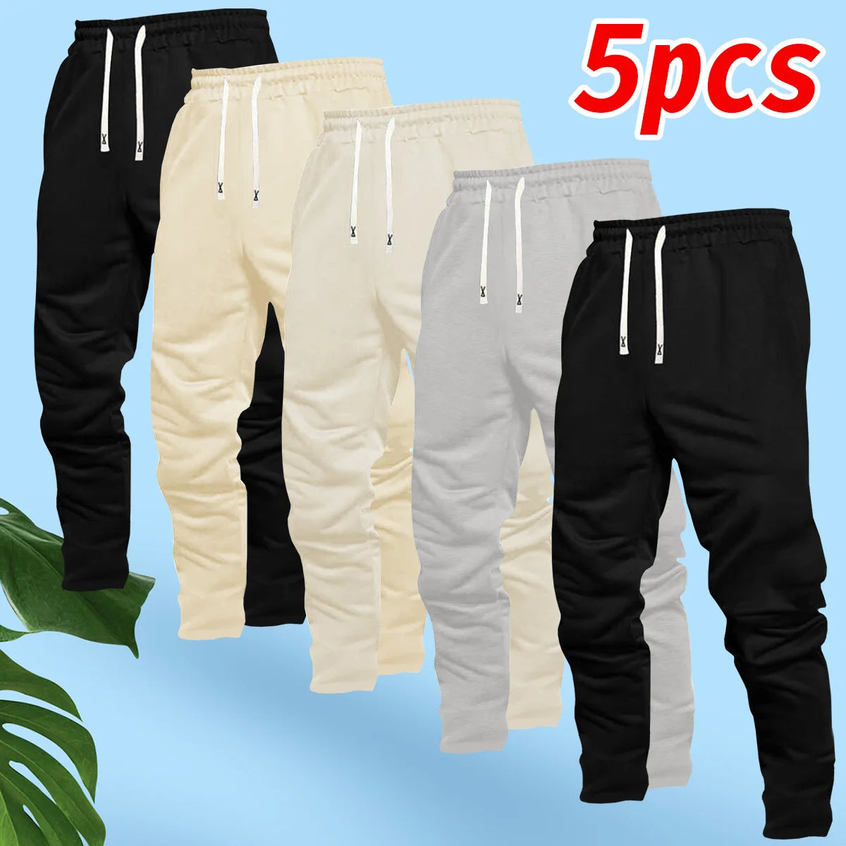 5-Piece Set Paired with Men's Casual Sports Pants, Windproof, Comfortable, Breathable Drawstring waist