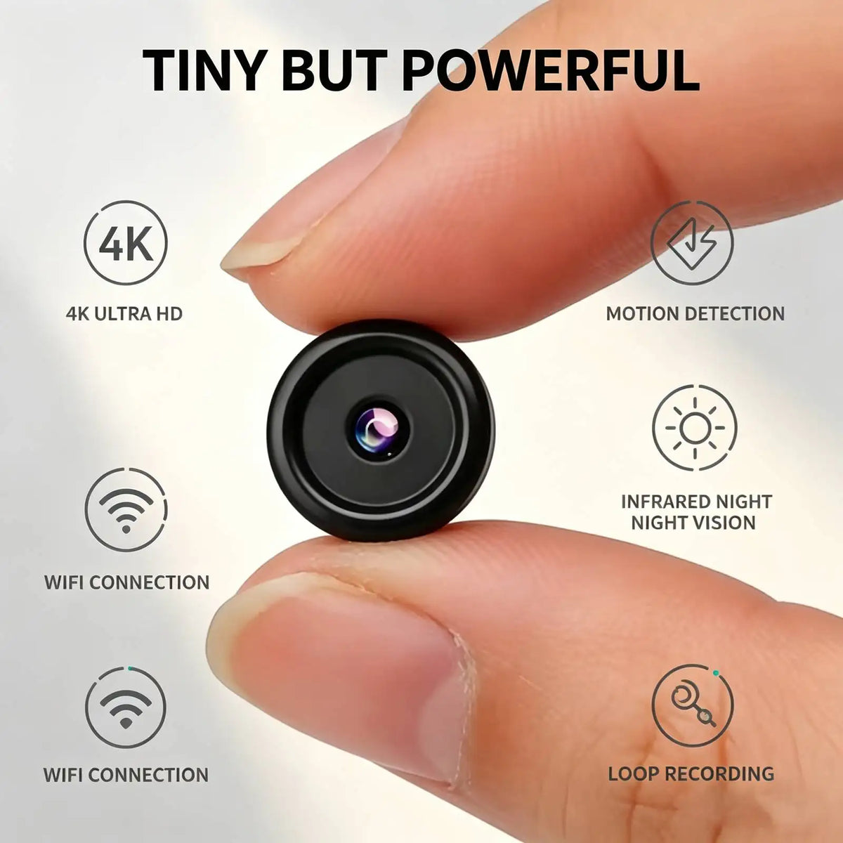 R13 Mini WiFi Security Camera, 4K Ultra HD tiny surveillance cam with infrared night vision, motion detection alert, loop recording. Compact portable design for home, office, car indoor monitoring. Real‑time phone remote vi