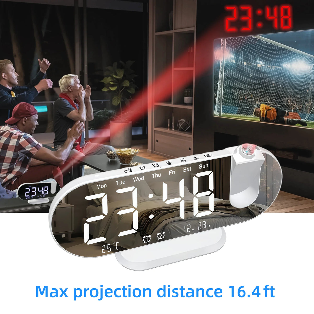 Projection Alarm Clock 8.8 Inch LED Mirror Display 180 Degree Rotation Dual Alarm Snooze Temperature USB Charging Bedside White Black
