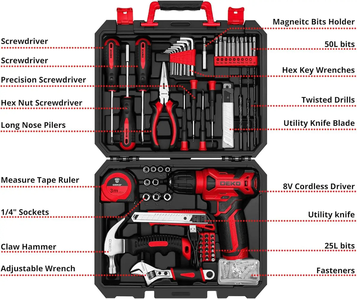 DEKO Drill Set Tool Set with 8V Red Cordless Drill, Home Tool Kit with Drill,