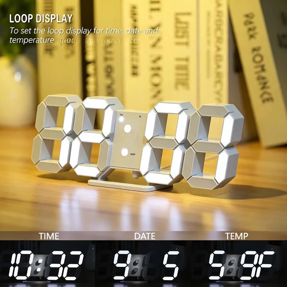 LED Digital Alarm Clock, 3D Design Wall Clock, Light-Up Night Mode, Adjustable Brightness Electronic Clock,