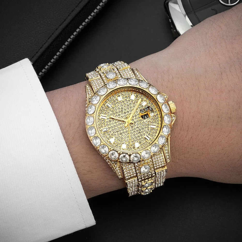 MISSFOX Luxury Watches For Mens Hip Hop Iced Out Bling Quartz Clocks Fashion Full Diamond Jewelry Wristwatch