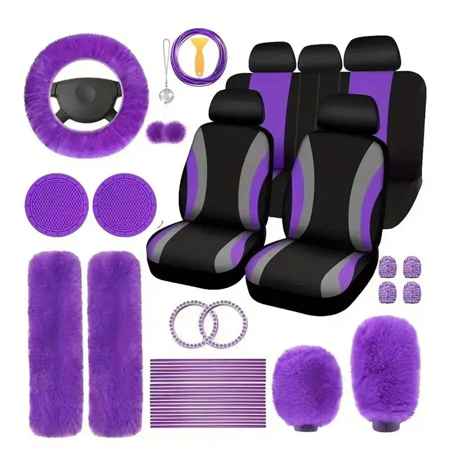35-Piece Women Fluffy Car Seat Cover Set, Luxury Polyester Fiber Car Interior Combo, Soft Steering Wheel Cover, Cup Holder Coasters, Safety Belt Shoulder Pads & Gear Shift Cover, Universal Fit, Easy to Install