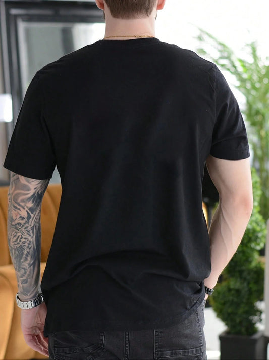 Men's Crew Neck T-Shirt, Loose Version Black Lightweight Cotton