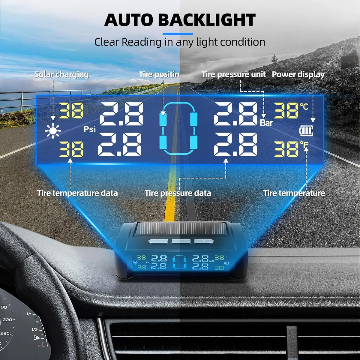 Tire Pressure Monitoring System, Universal Wireless TPMS with Solar And USB Charging,