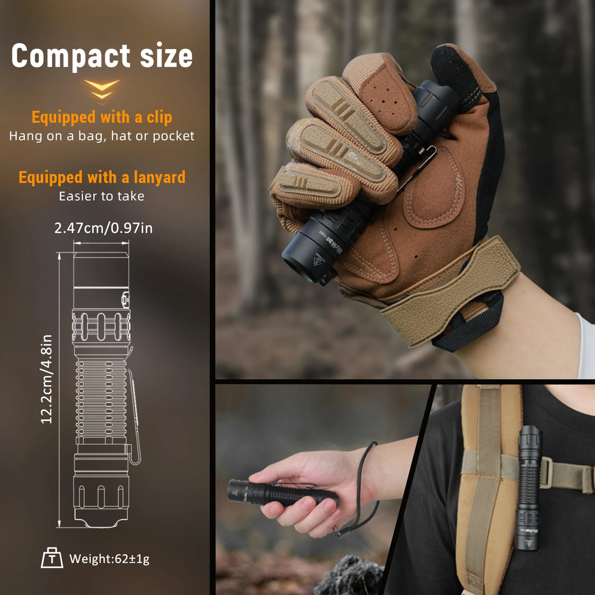 Wurkkos TD02 Compact IPX8 Waterproof Tactical Flashlight 2000LM Rechargable Torch with 6 Modes High-quality LED