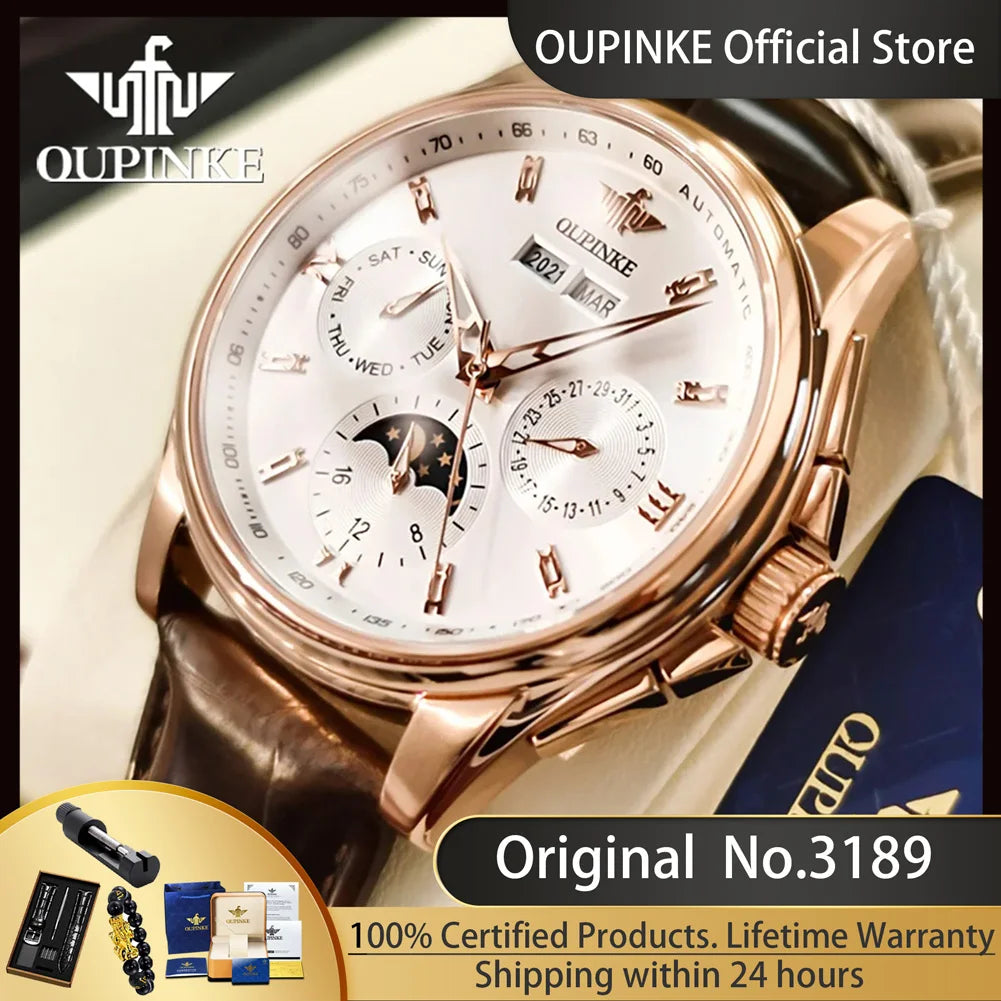 OUPINKE 3189 Automatic Watch for Men Genuine Leather Strap Waterproof Moon Phase Man Watches