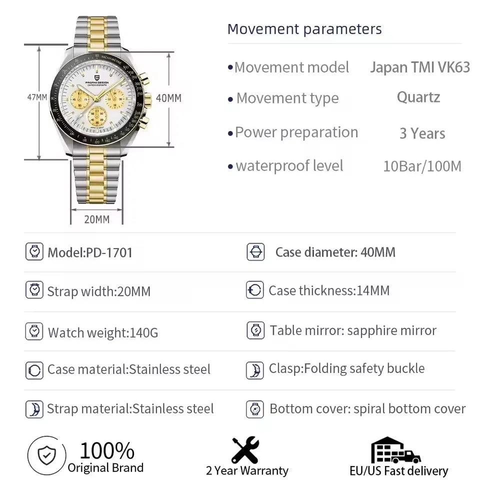 2026 New PAGANI DESIGN Moon Men's Watches Gold Luxury Quartz Watch For Men Speed Sports Chronograph Waterproof
