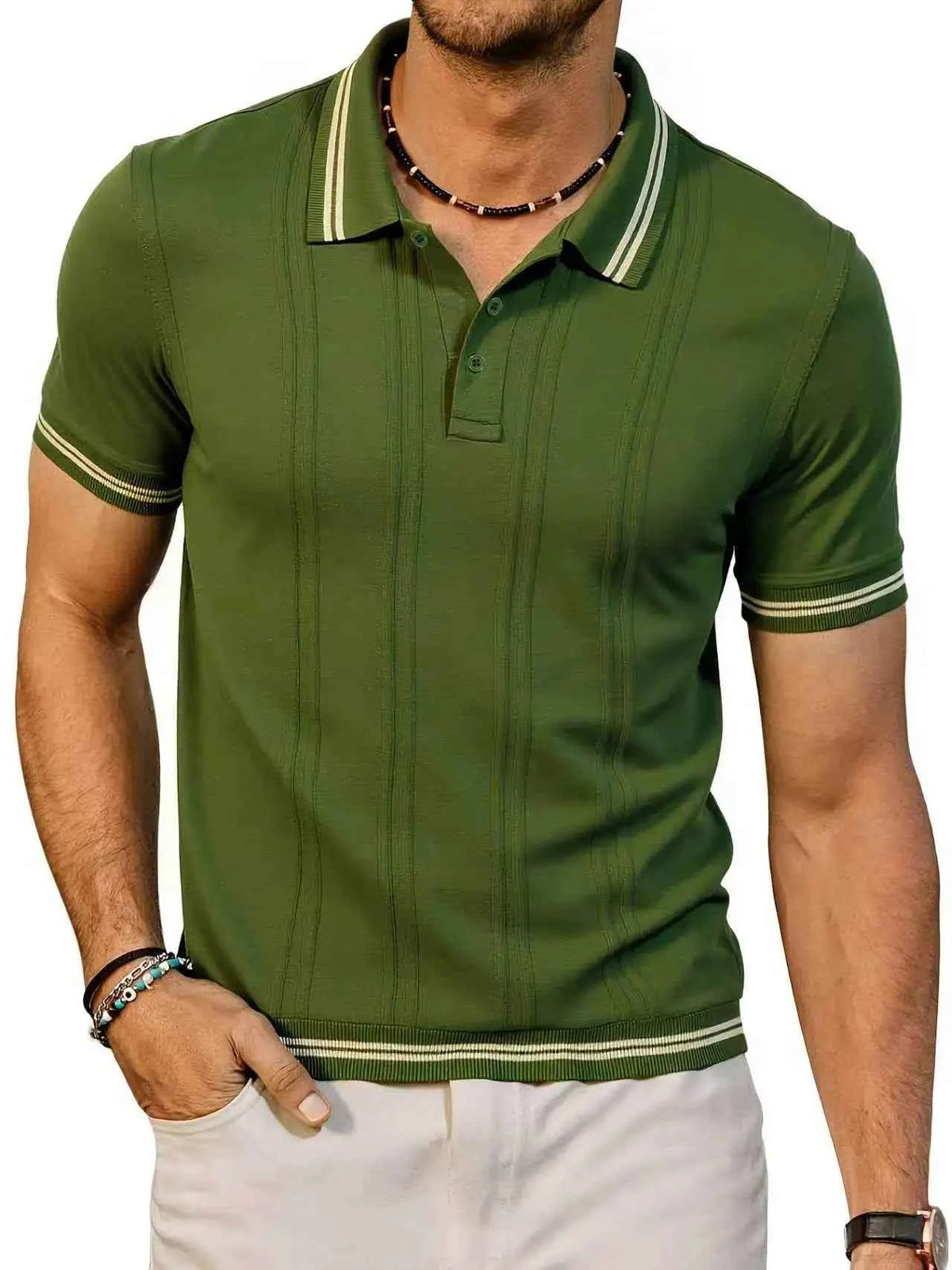 Men's casual lapel knitted POLO shirt short sleeve regular fit green cuff hem