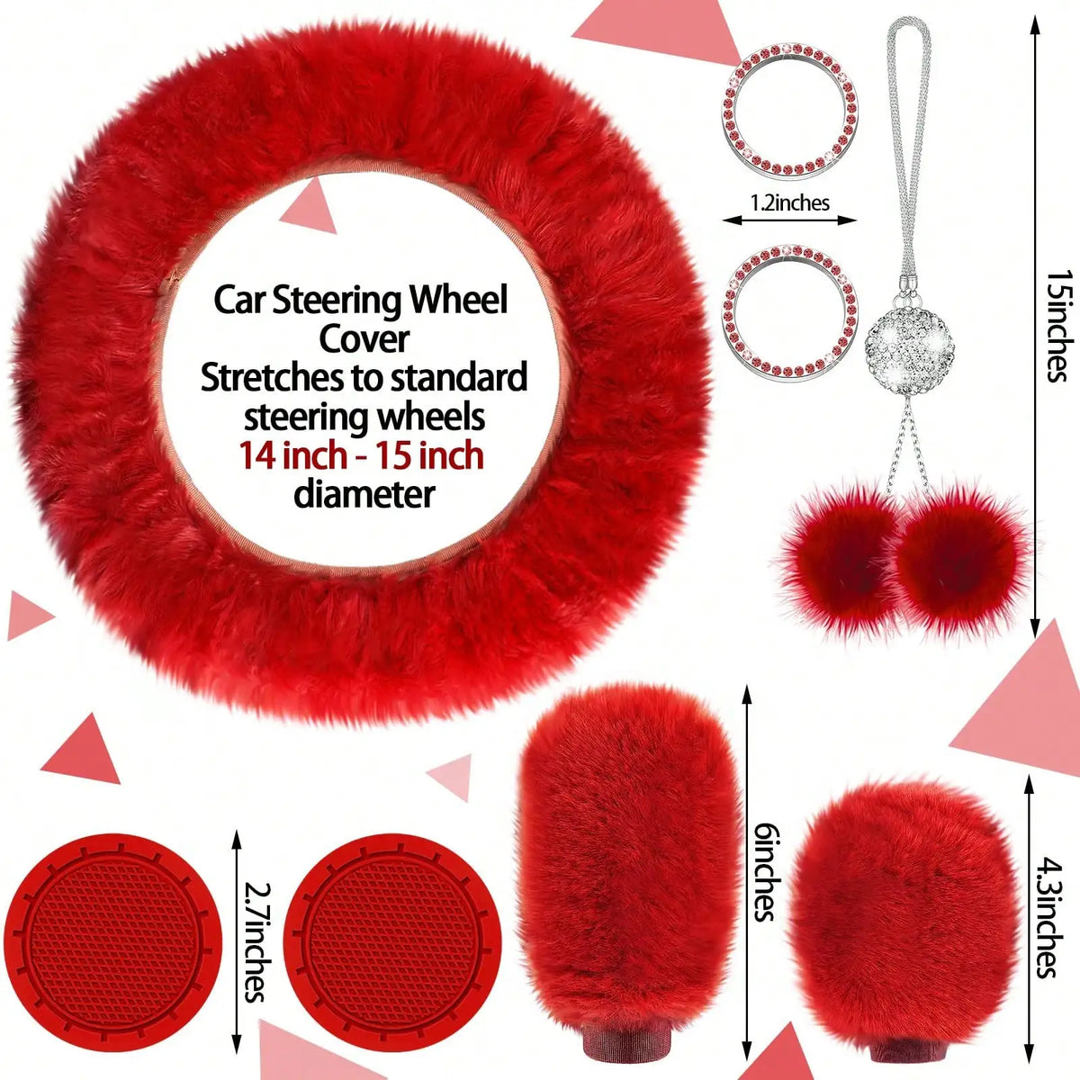 35-Piece Women Fluffy Car Seat Cover Set, Luxury Polyester Fiber Car Interior Combo, Soft Steering Wheel Cover, Cup Holder Coasters, Safety Belt Shoulder Pads & Gear Shift Cover, Universal Fit, Easy to Install
