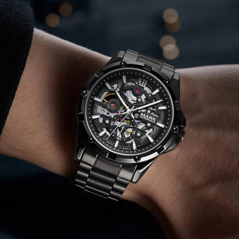 Mark Fairwhale Fashion Skeleton Dial Automatic Movement Stainless Steel Band Luminous Men's Watch
