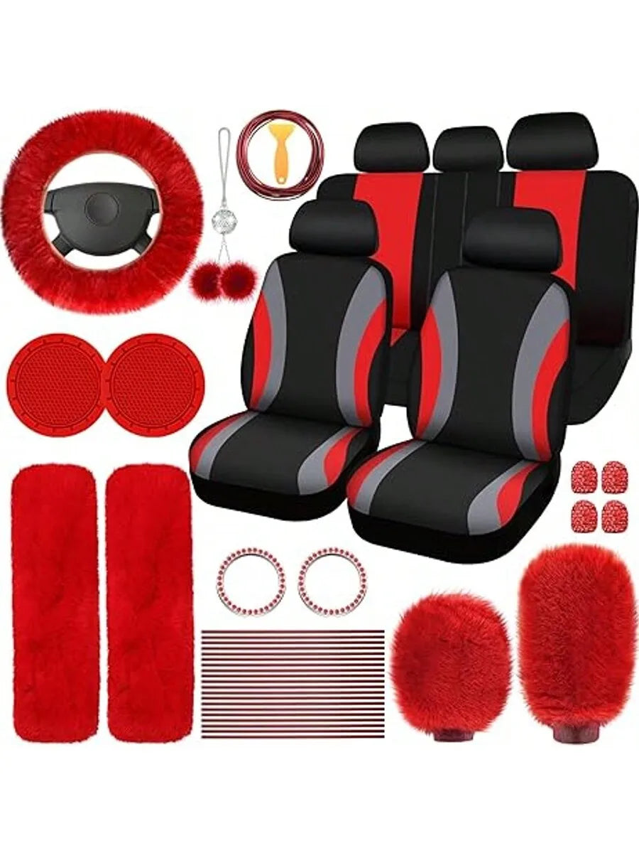 35-Piece Women Fluffy Car Seat Cover Set, Luxury Polyester Fiber Car Interior Combo, Soft Steering Wheel Cover, Cup Holder Coasters, Safety Belt Shoulder Pads & Gear Shift Cover, Universal Fit, Easy to Install